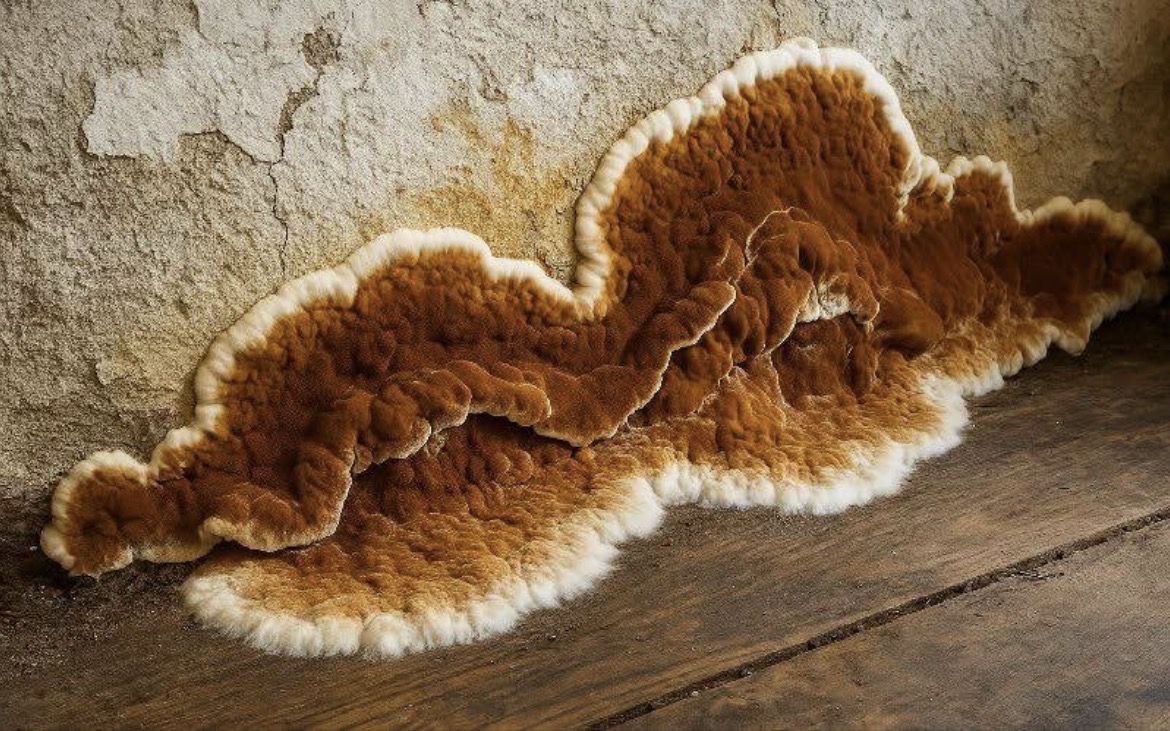 Grande fructification de merule brun-roux a epais lisere blanc ondule sur un mur